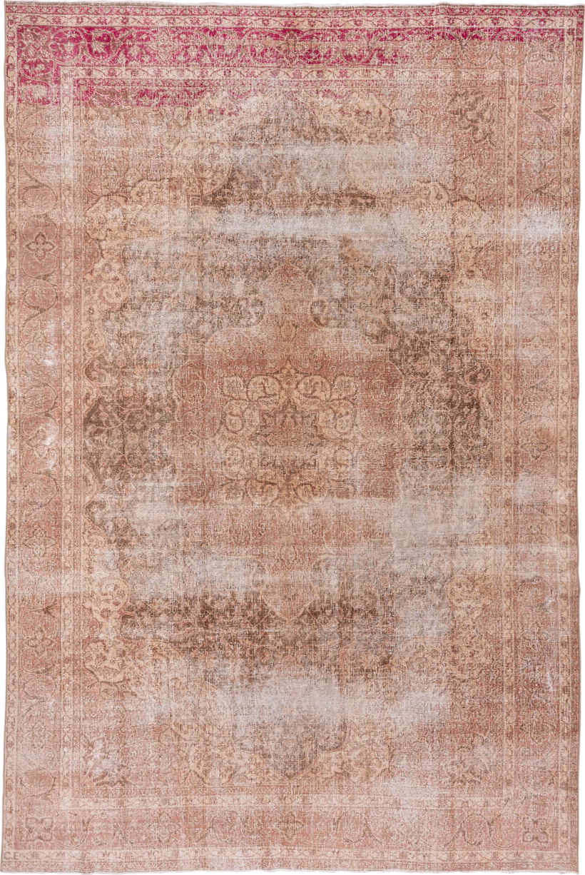 7' x 11' one-of-a-kind handmade vintage Oushak large size rug. Color palette: blush, rose, ivory, taupe, beige, terracotta