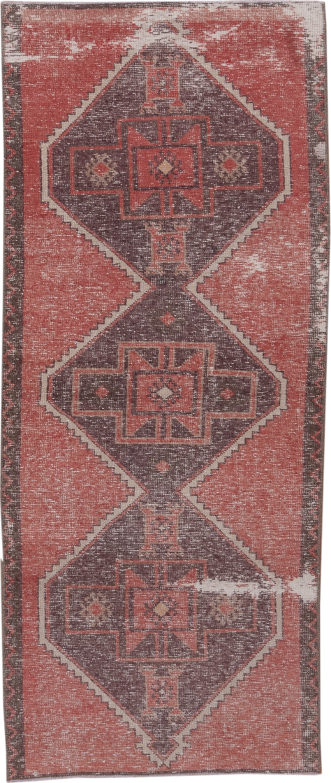 2' x 6' one-of-a-kind handmade vintage Oushak runner rug. Color palette: terra cotta, plum, ivory, charcoal, rose, taupe