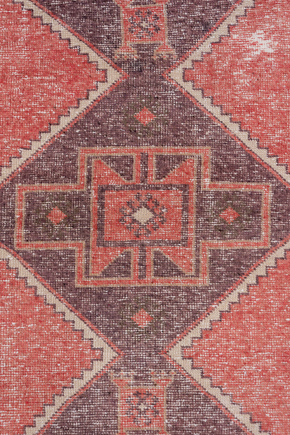 2' x 6' one-of-a-kind handmade vintage Oushak runner rug. Color palette: terra cotta, plum, ivory, charcoal, rose, taupe
