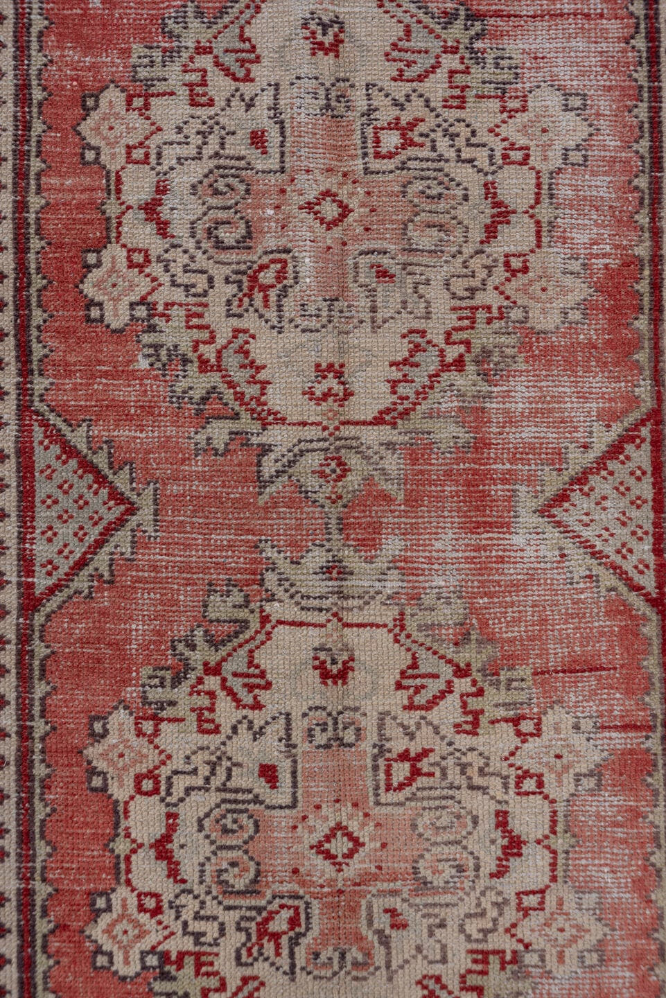 2' x 10' one-of-a-kind handmade antique Oushak runner rug. Color palette: coral, ivory, rose, burgundy, taupe, sage