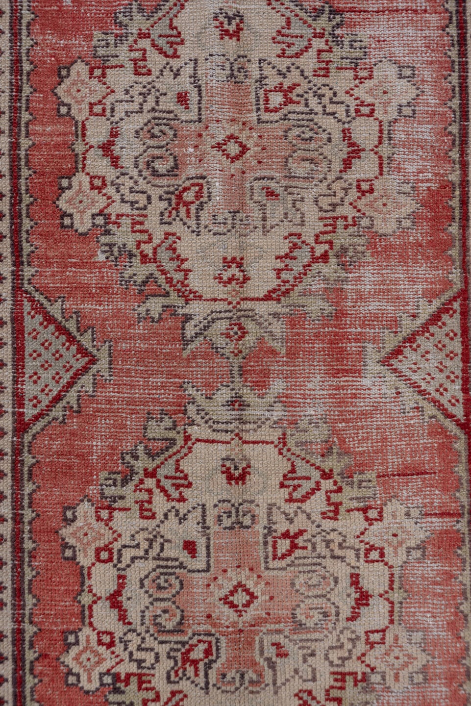 2' x 10' one-of-a-kind handmade antique Oushak runner rug. Color palette: coral, ivory, rose, burgundy, taupe, sage