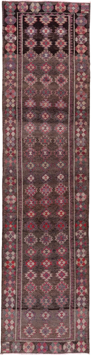 3' x 12' one-of-a-kind handmade antique Kars runner rug. Color palette: brown, rose, ivory, crimson, slate, taupe, mauve