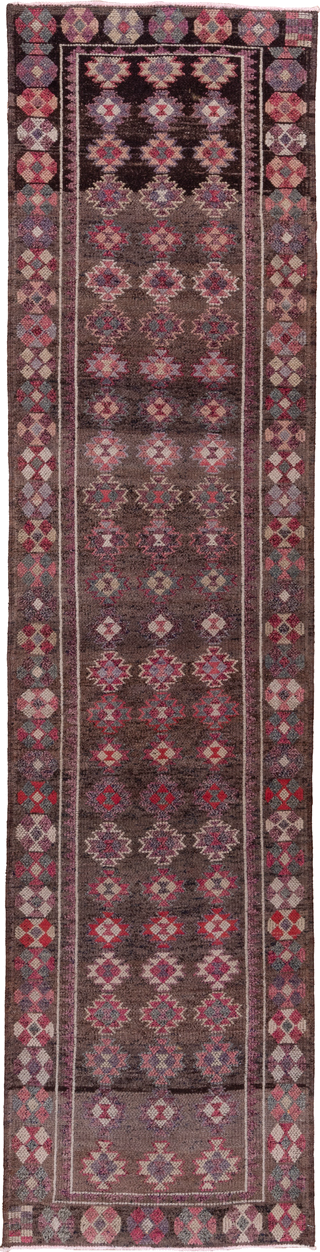 3' x 12' one-of-a-kind handmade antique Kars runner rug. Color palette: brown, rose, ivory, crimson, slate, taupe, mauve
