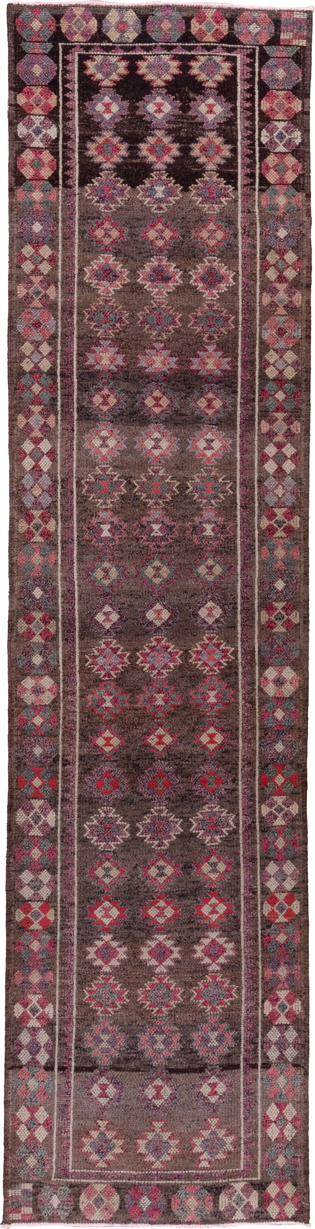 3' x 12' one-of-a-kind handmade antique Kars runner rug. Color palette: brown, rose, ivory, crimson, slate, taupe, mauve