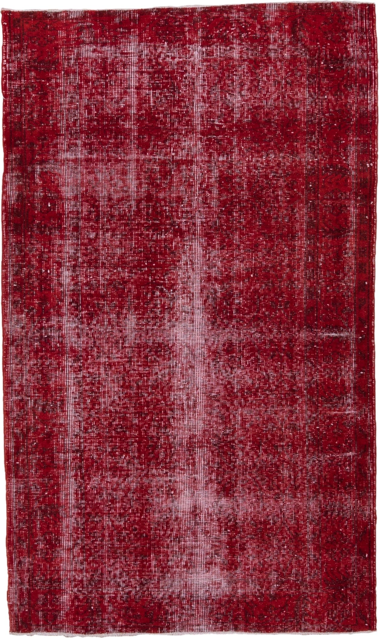 4' x 6' one-of-a-kind handmade antique Overdyed small size rug. Color palette: crimson, rose, burgundy, ivory, red, pink