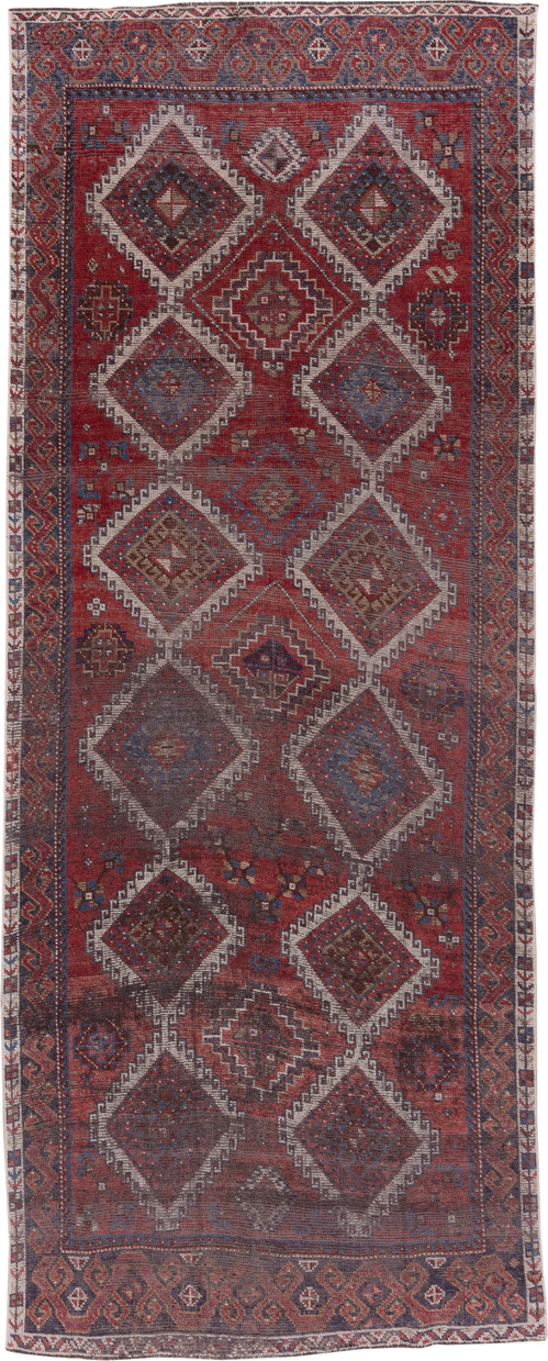4' x 10' one-of-a-kind handmade antique Oushak runner rug. Color palette: rust, indigo, ivory, burgundy, slate, camel