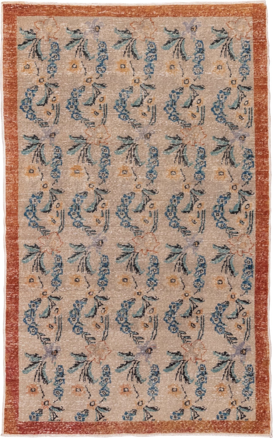 4' x 6' one-of-a-kind handmade vintage Oushak small size rug. Color palette: beige, terra cotta, sky blue, teal, ivory, gold