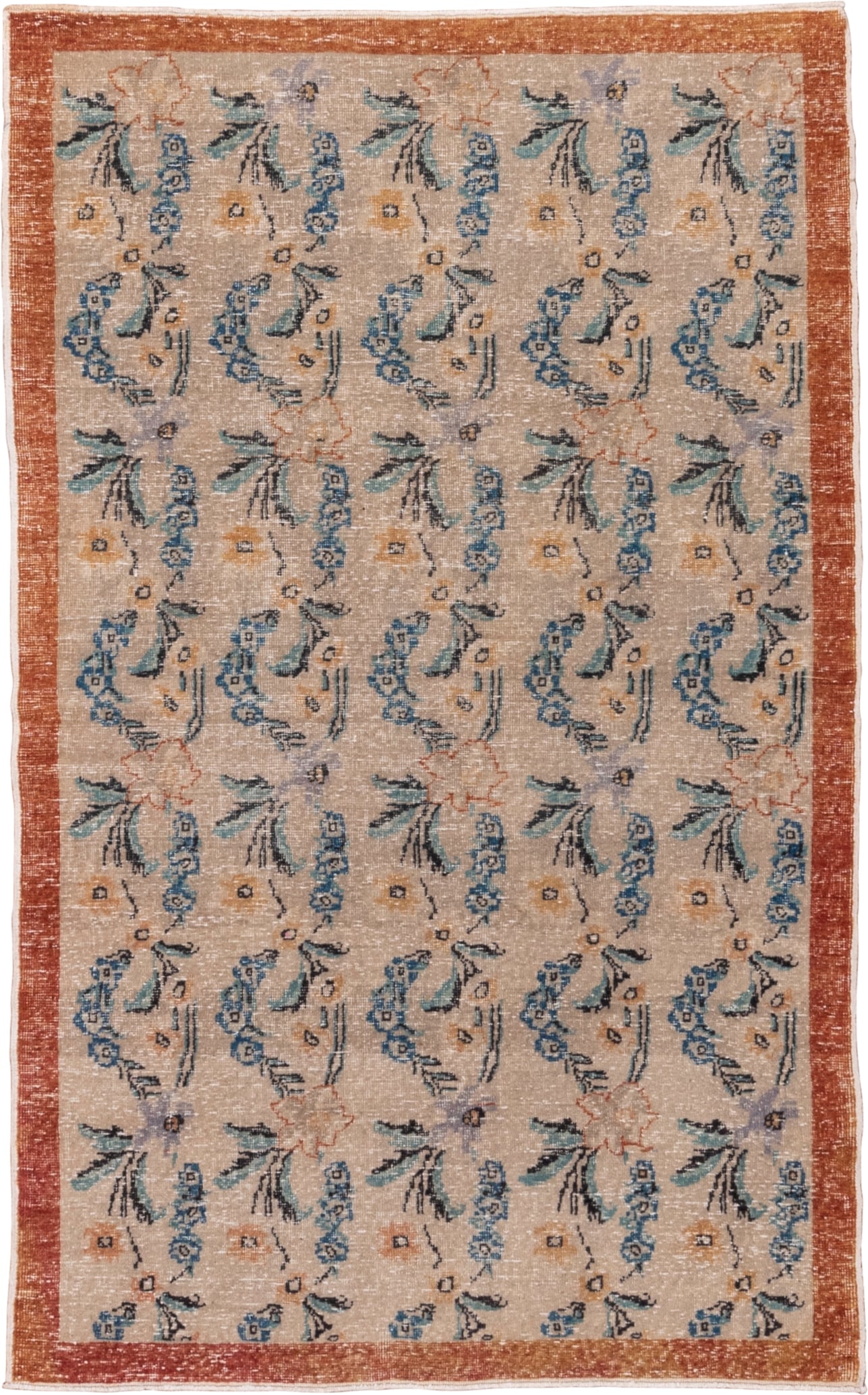 4' x 6' one-of-a-kind handmade vintage Oushak small size rug. Color palette: beige, terra cotta, sky blue, teal, ivory, gold