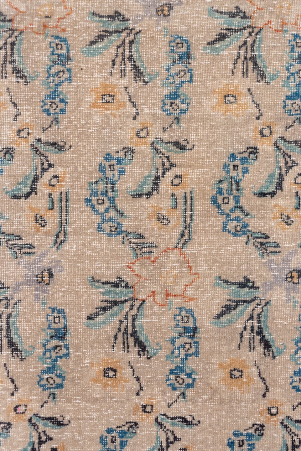 4' x 6' one-of-a-kind handmade vintage Oushak small size rug. Color palette: beige, terra cotta, sky blue, teal, ivory, gold