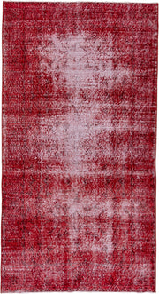 3' x 7' one-of-a-kind handmade vintage Overdyed rug. Color palette: crimson, rose, burgundy, ivory, red, pink