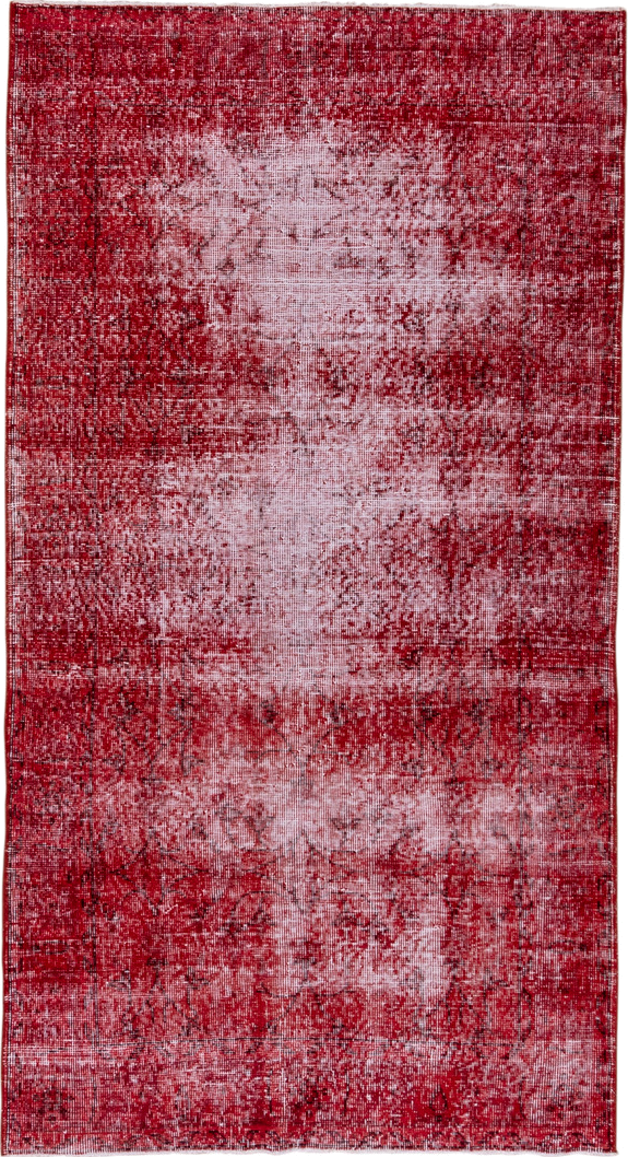 3' x 7' one-of-a-kind handmade vintage Overdyed rug. Color palette: crimson, rose, burgundy, ivory, red, pink