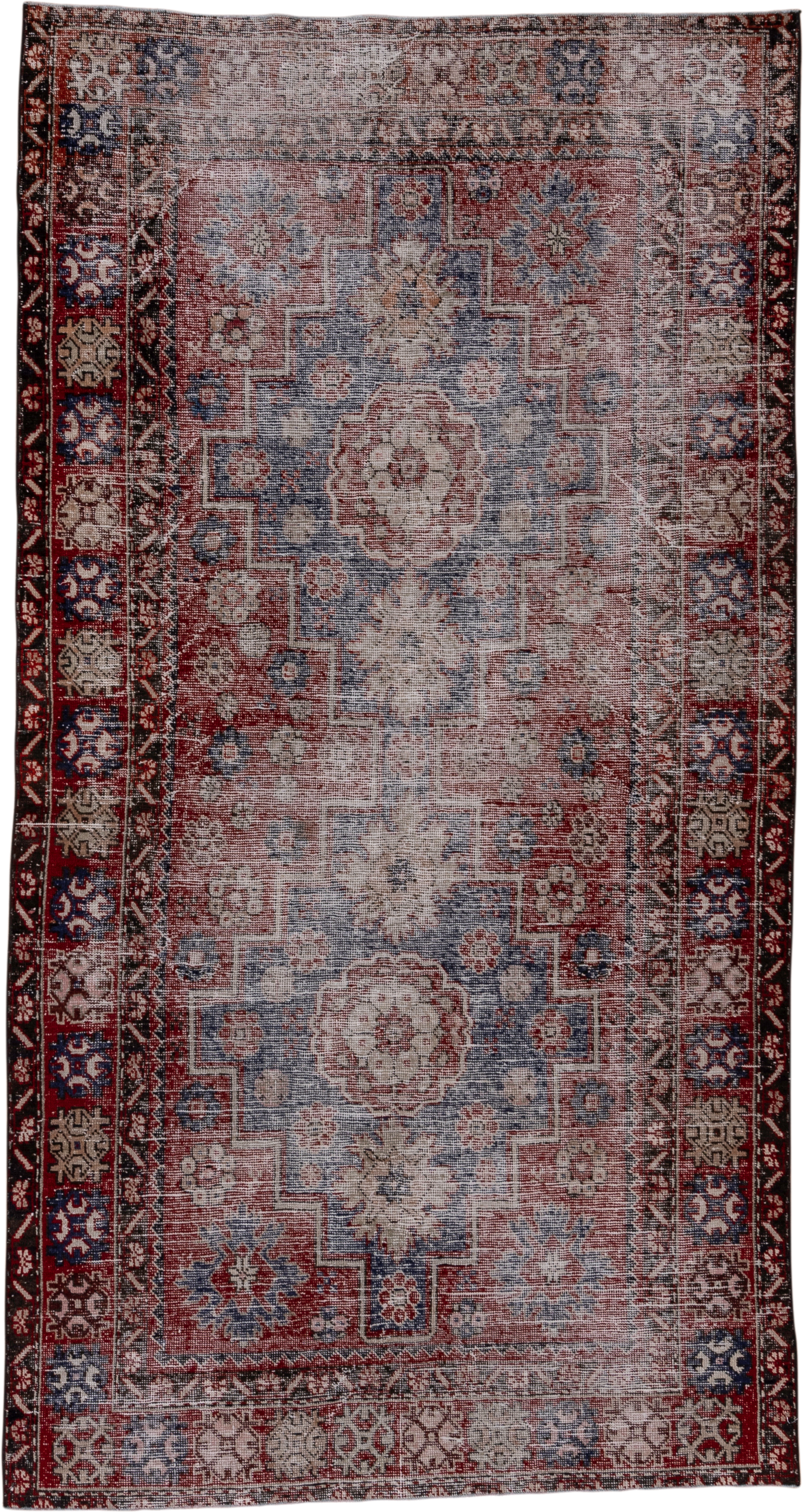 4' x 9' one-of-a-kind handmade vintage Oushak rug. Color palette: burgundy, dusty blue, rose, ivory, charcoal, taupe, blue