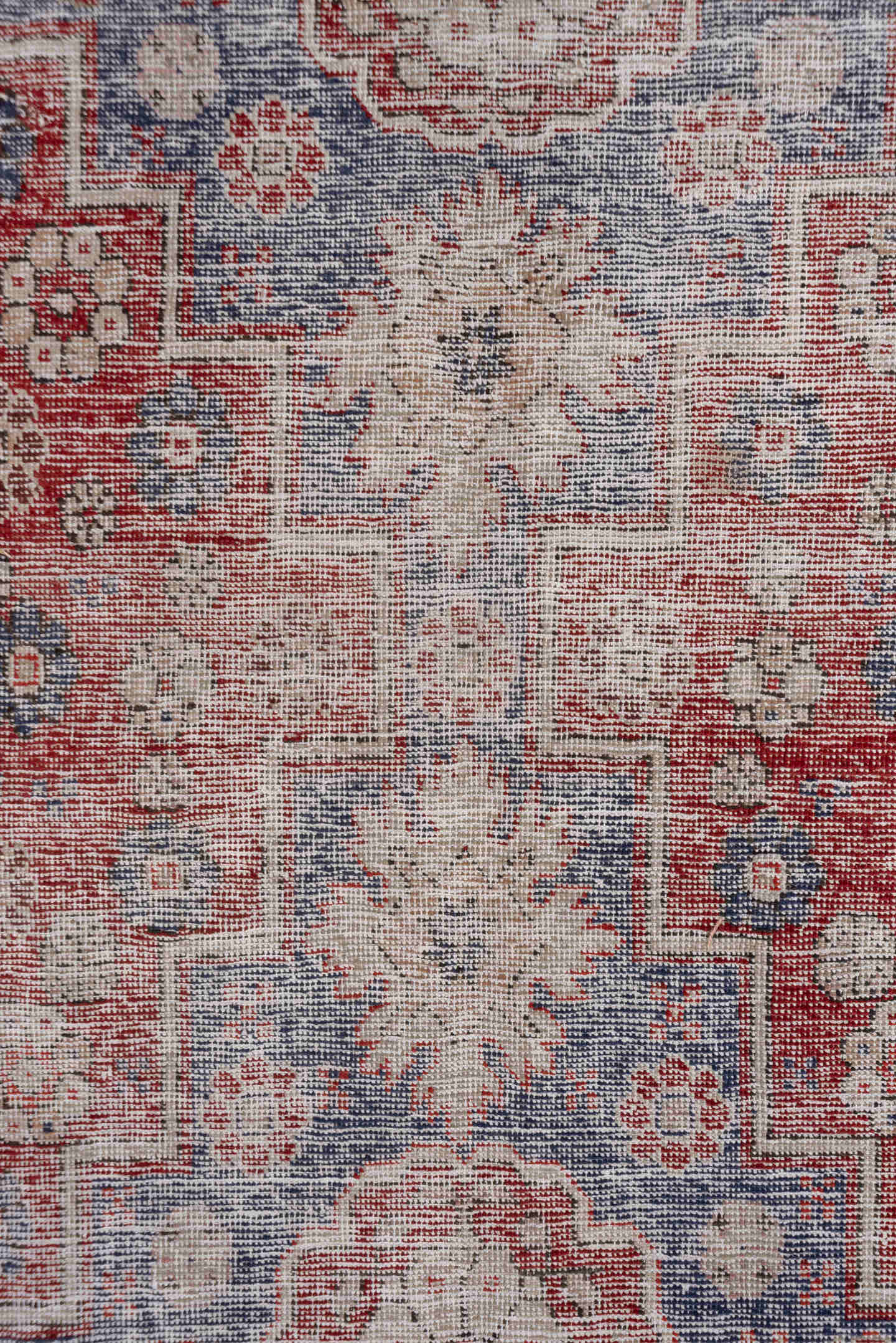 4' x 9' one-of-a-kind handmade vintage Oushak rug. Color palette: burgundy, dusty blue, rose, ivory, charcoal, taupe, blue