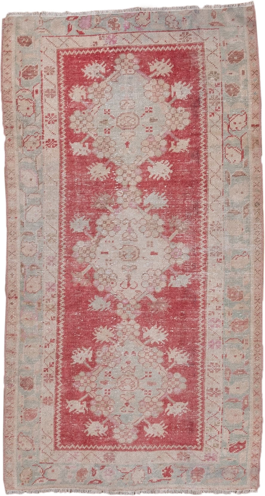 2' x 5' one-of-a-kind handmade vintage Oushak small size rug. Color palette: coral, ivory, pale blue, blush, rose, beige