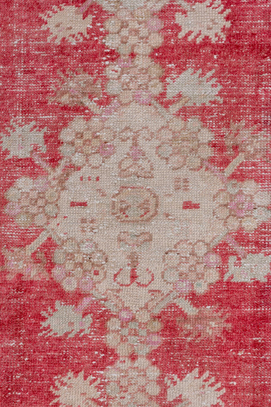 2' x 5' one-of-a-kind handmade vintage Oushak small size rug. Color palette: coral, ivory, pale blue, blush, rose, beige