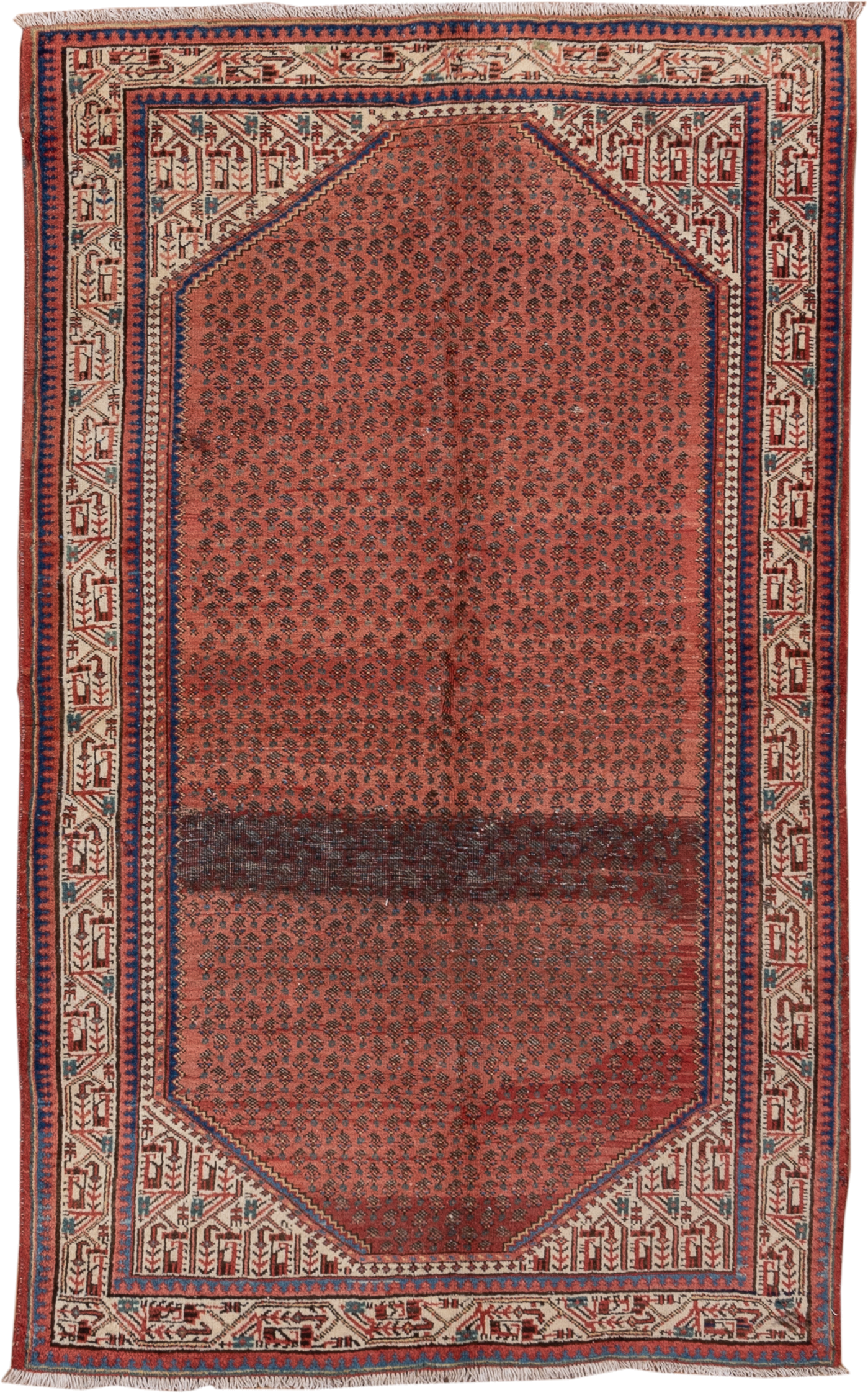 4' x 6' one-of-a-kind handmade antique Mahal small size rug. Color palette: rust, ivory, indigo, brick, charcoal, rose