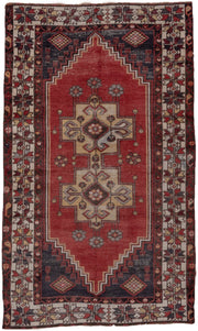 4' x 6' one-of-a-kind handmade antique Oushak small size rug. Color palette: rust, ivory, indigo, burgundy, taupe, camel