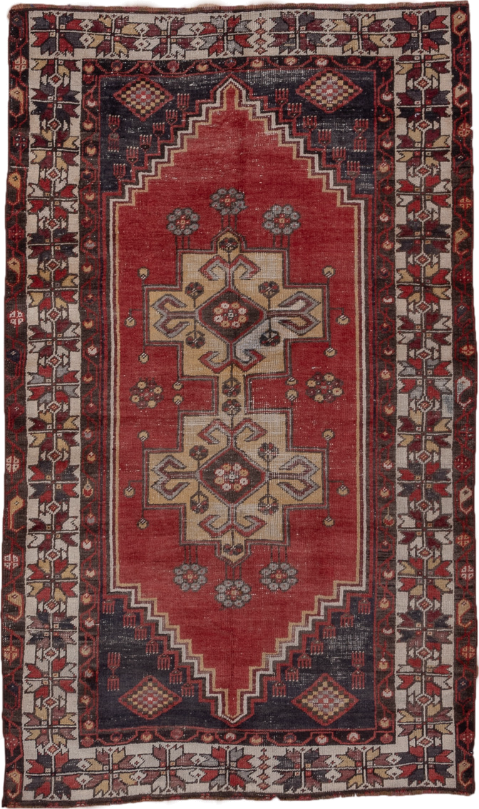 4' x 6' one-of-a-kind handmade antique Oushak small size rug. Color palette: rust, ivory, indigo, burgundy, taupe, camel