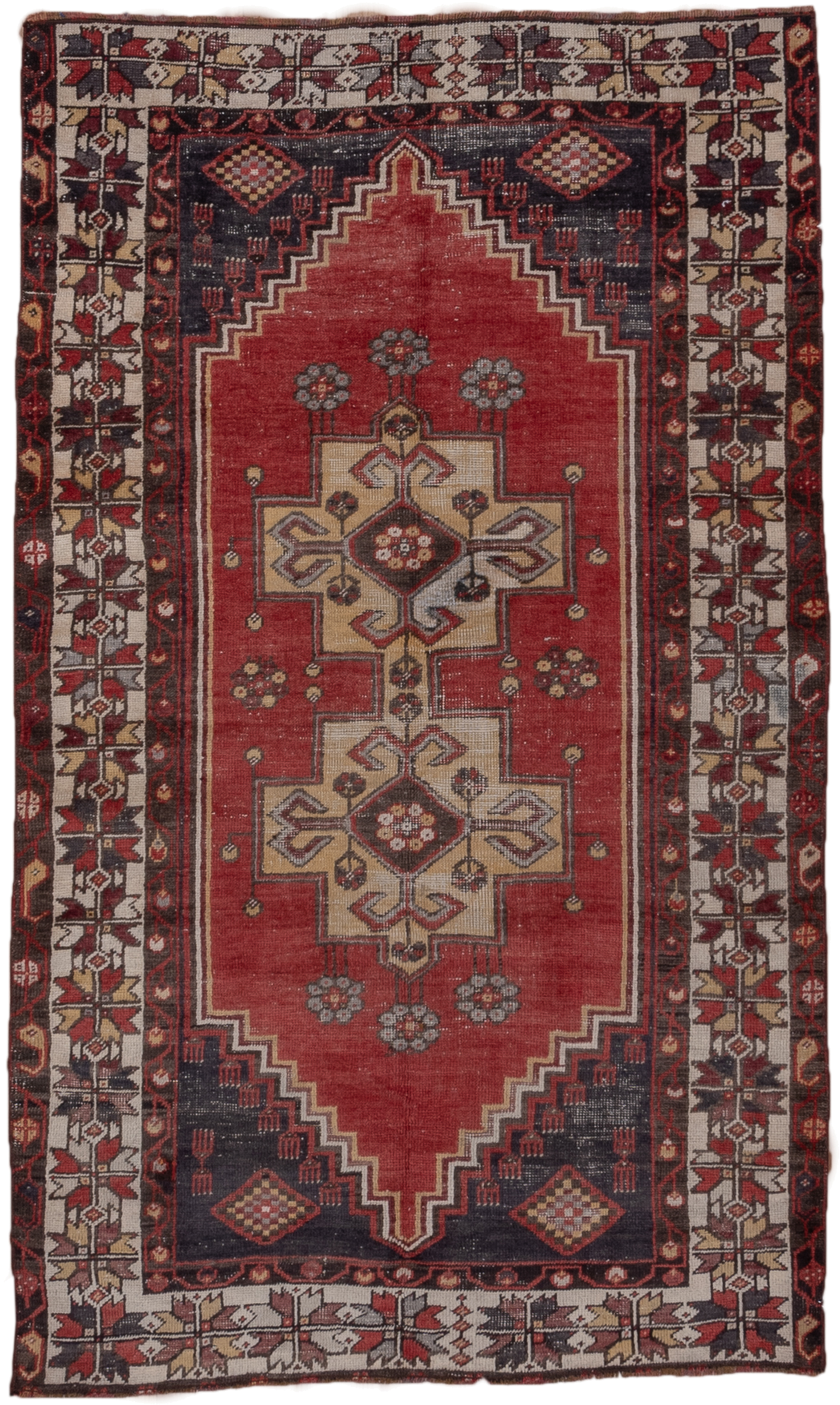 4' x 6' one-of-a-kind handmade antique Oushak small size rug. Color palette: rust, ivory, indigo, burgundy, taupe, camel