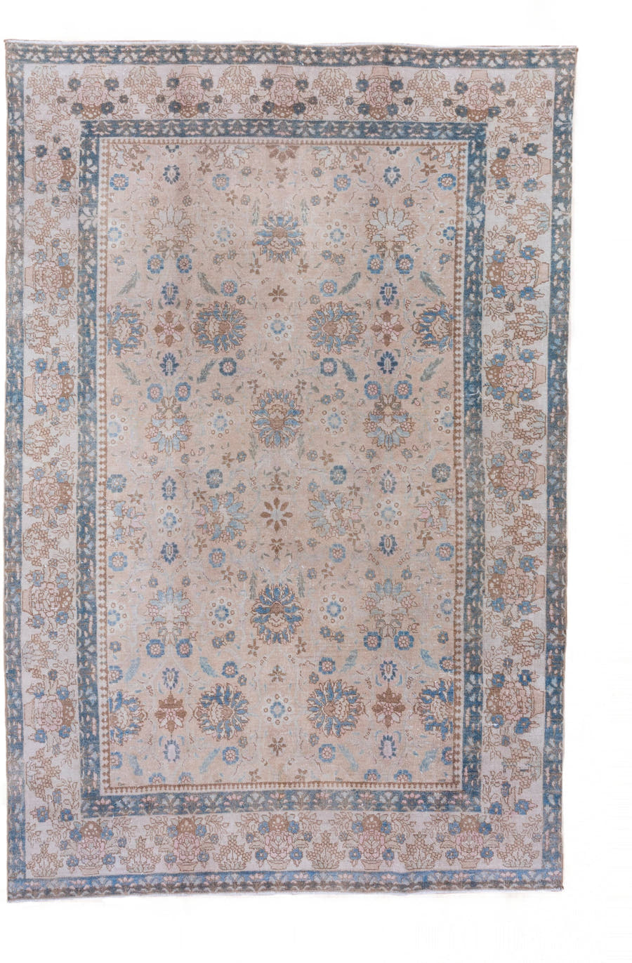 7' x 10' one-of-a-kind handmade antique Tabriz large size rug. Color palette: ivory, sky blue, taupe, beige, slate, camel
