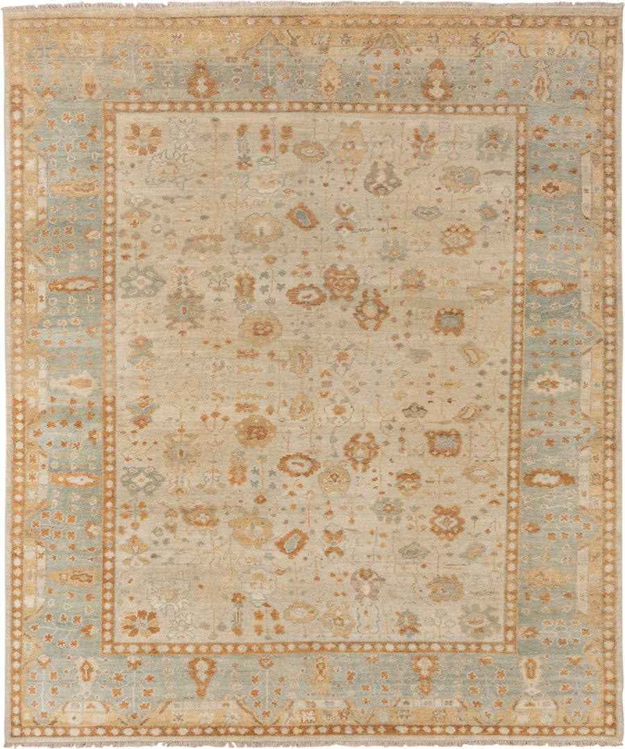8' x 9' one-of-a-kind handmade vintage Oushak rug. Color palette: ivory, pale blue, gold, sand, taupe, terra cotta