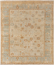 8' x 9' one-of-a-kind handmade vintage Oushak rug. Color palette: ivory, pale blue, gold, sand, taupe, terra cotta