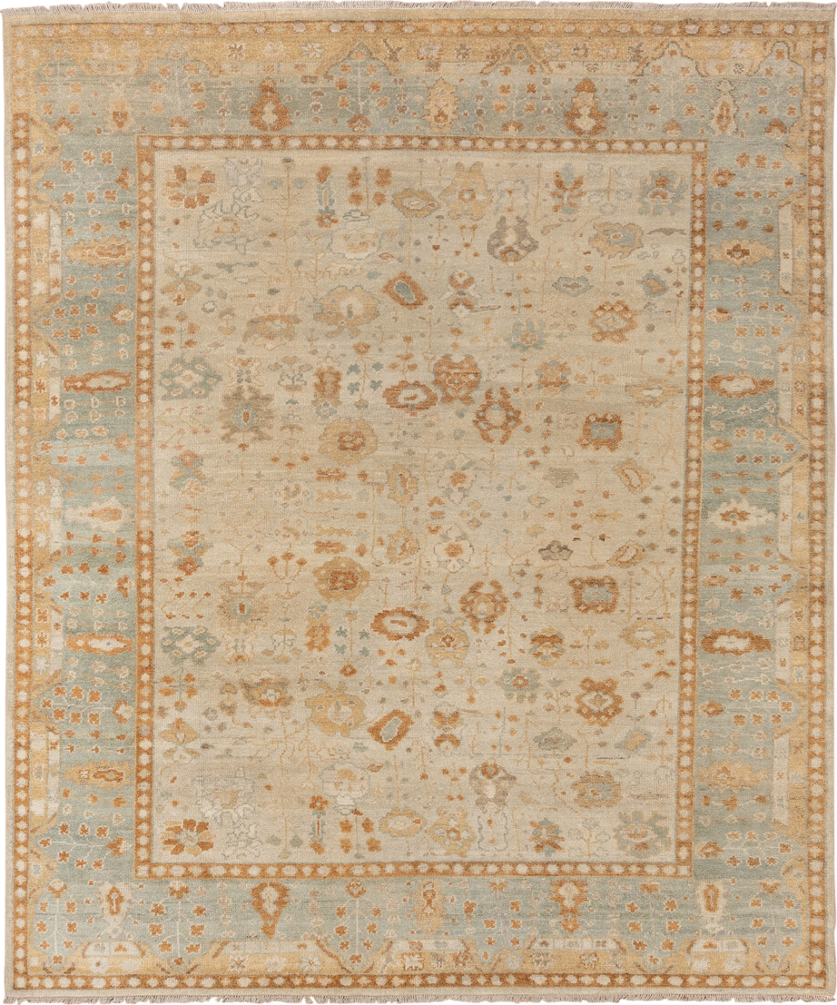 8' x 9' one-of-a-kind handmade vintage Oushak rug. Color palette: ivory, pale blue, gold, sand, taupe, terra cotta