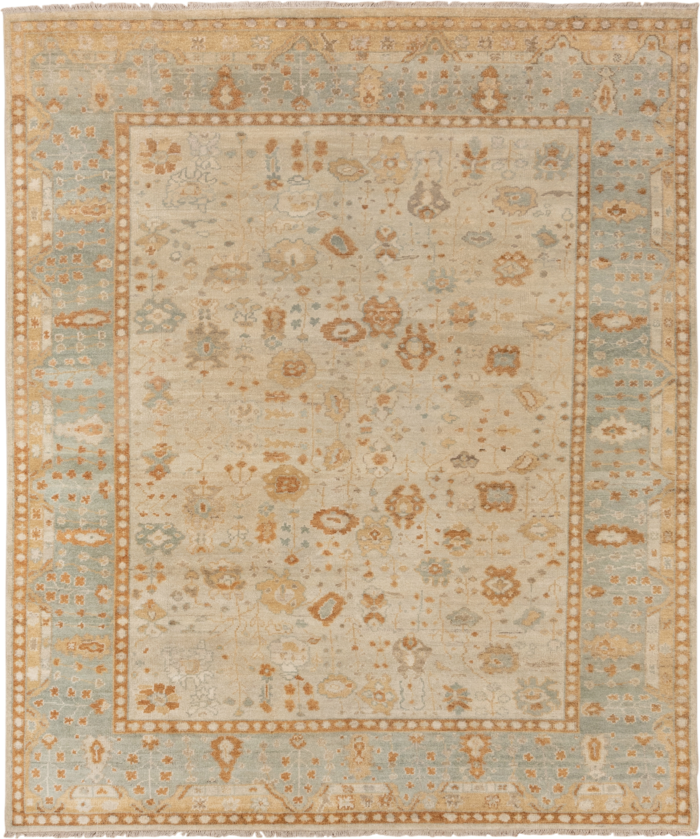 8' x 9' one-of-a-kind handmade vintage Oushak rug. Color palette: ivory, pale blue, gold, sand, taupe, terra cotta