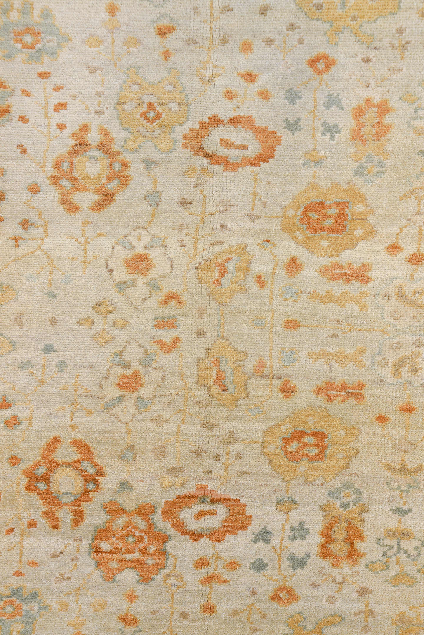 8' x 9' one-of-a-kind handmade vintage Oushak rug. Color palette: ivory, pale blue, gold, sand, taupe, terra cotta