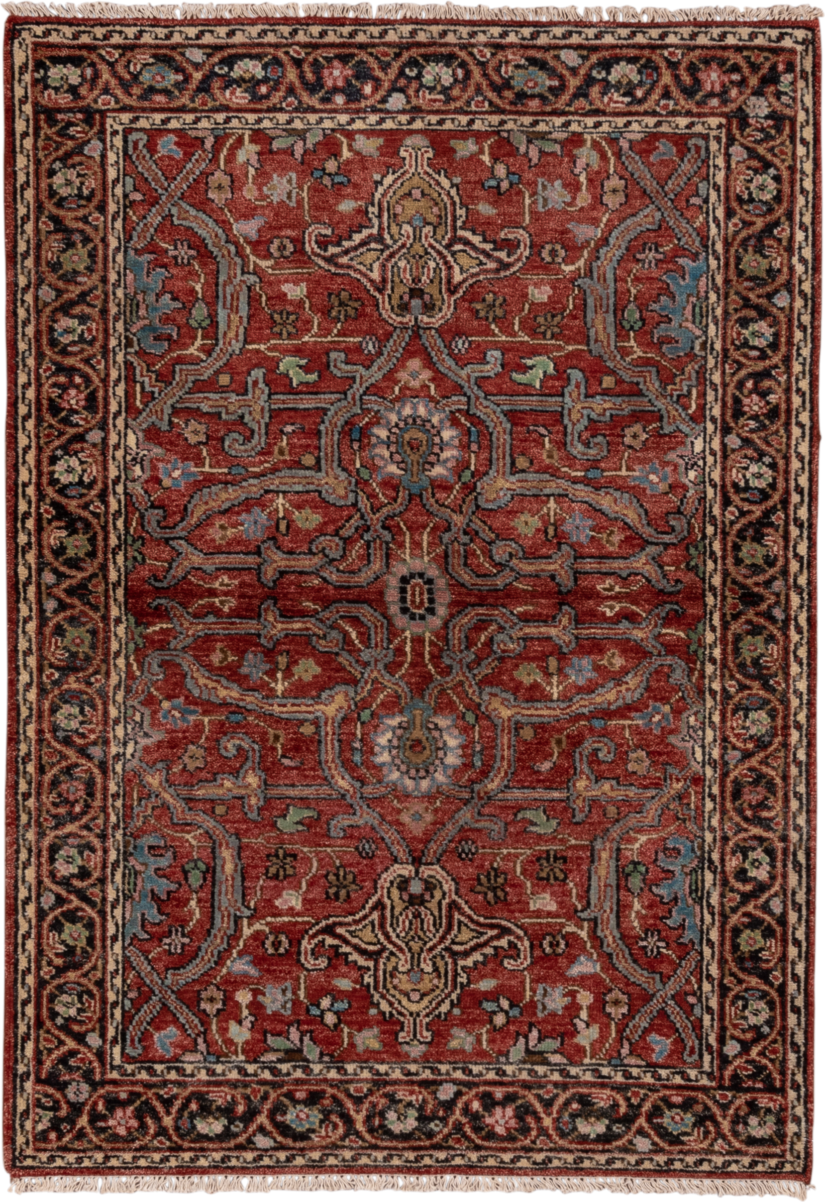4' x 6' one-of-a-kind handmade vintage Heriz small size rug. Color palette: rust, ivory, navy, sky_blue, sage, charcoal