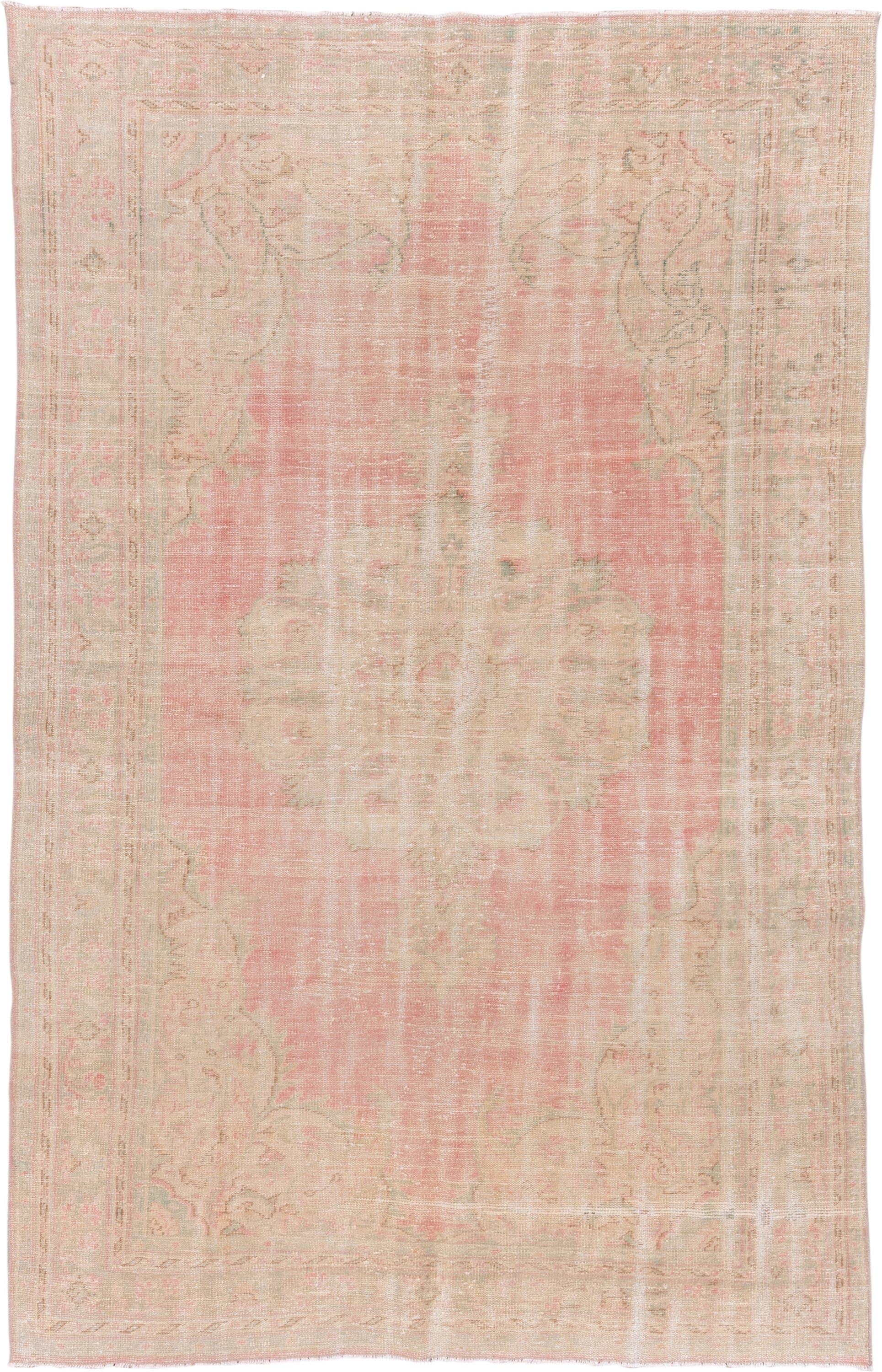 6' x 10' one-of-a-kind handmade vintage Oushak large size rug. Color palette: ivory, blush, cream, pale peach, sage, taupe