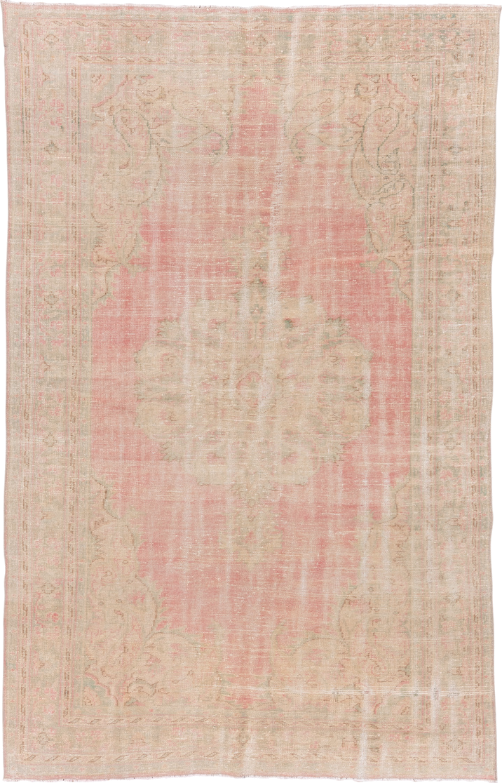 6' x 10' one-of-a-kind handmade vintage Oushak large size rug. Color palette: ivory, blush, cream, pale peach, sage, taupe