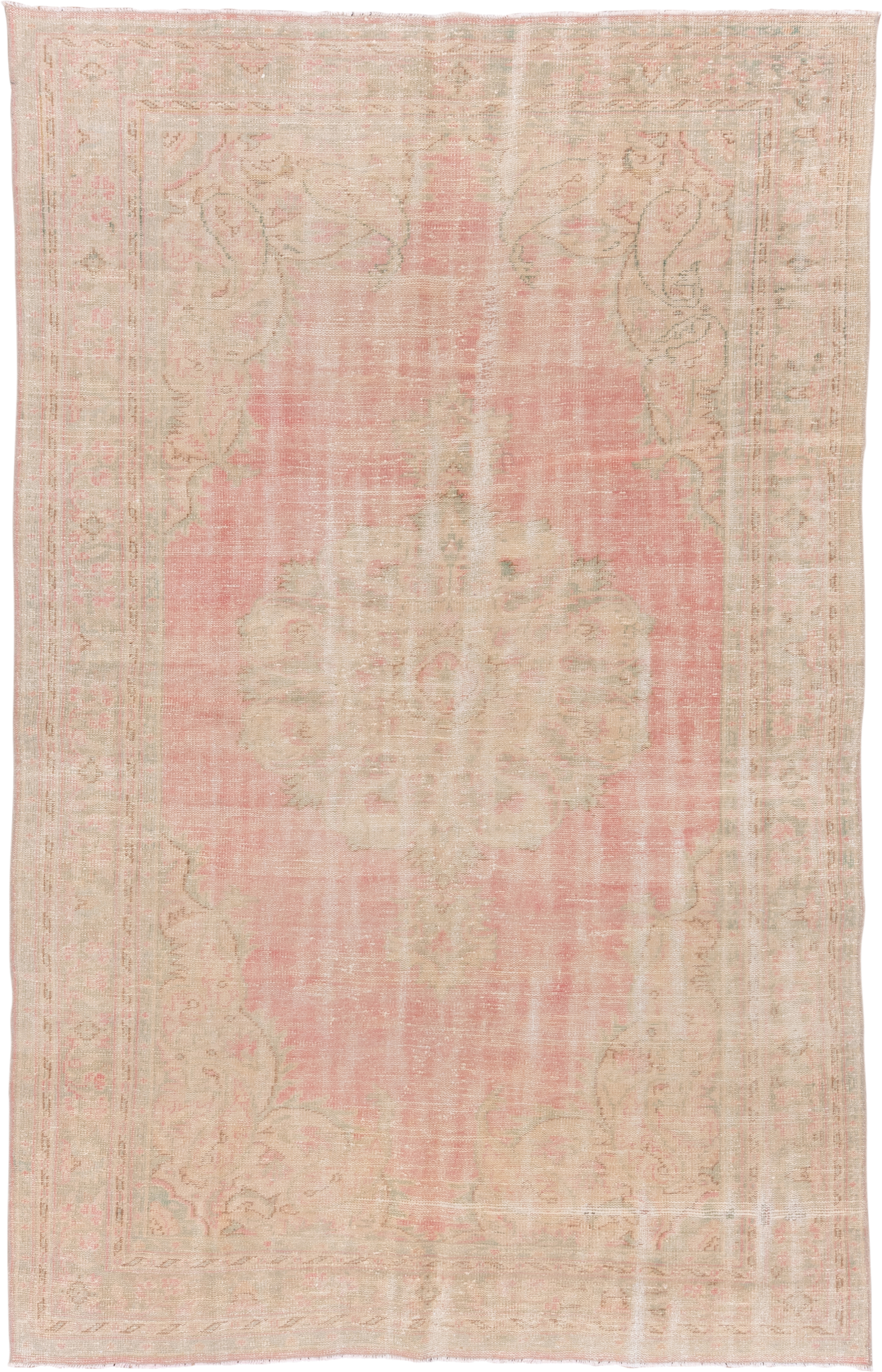 6' x 10' one-of-a-kind handmade vintage Oushak large size rug. Color palette: ivory, blush, cream, pale peach, sage, taupe