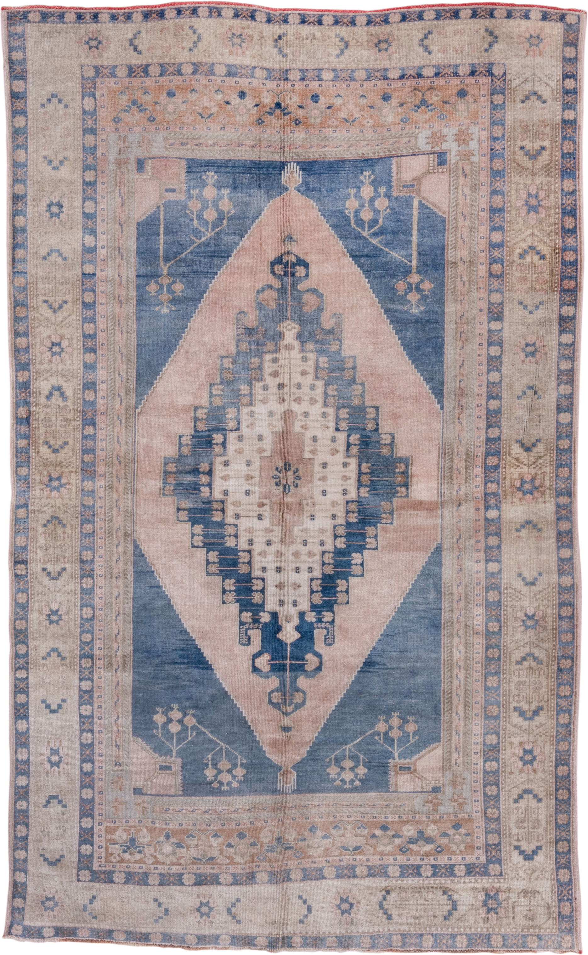 5' x 9' one-of-a-kind handmade vintage Oushak medium size rug. Color palette: ivory, powder_blue, blush, beige, taupe, slate