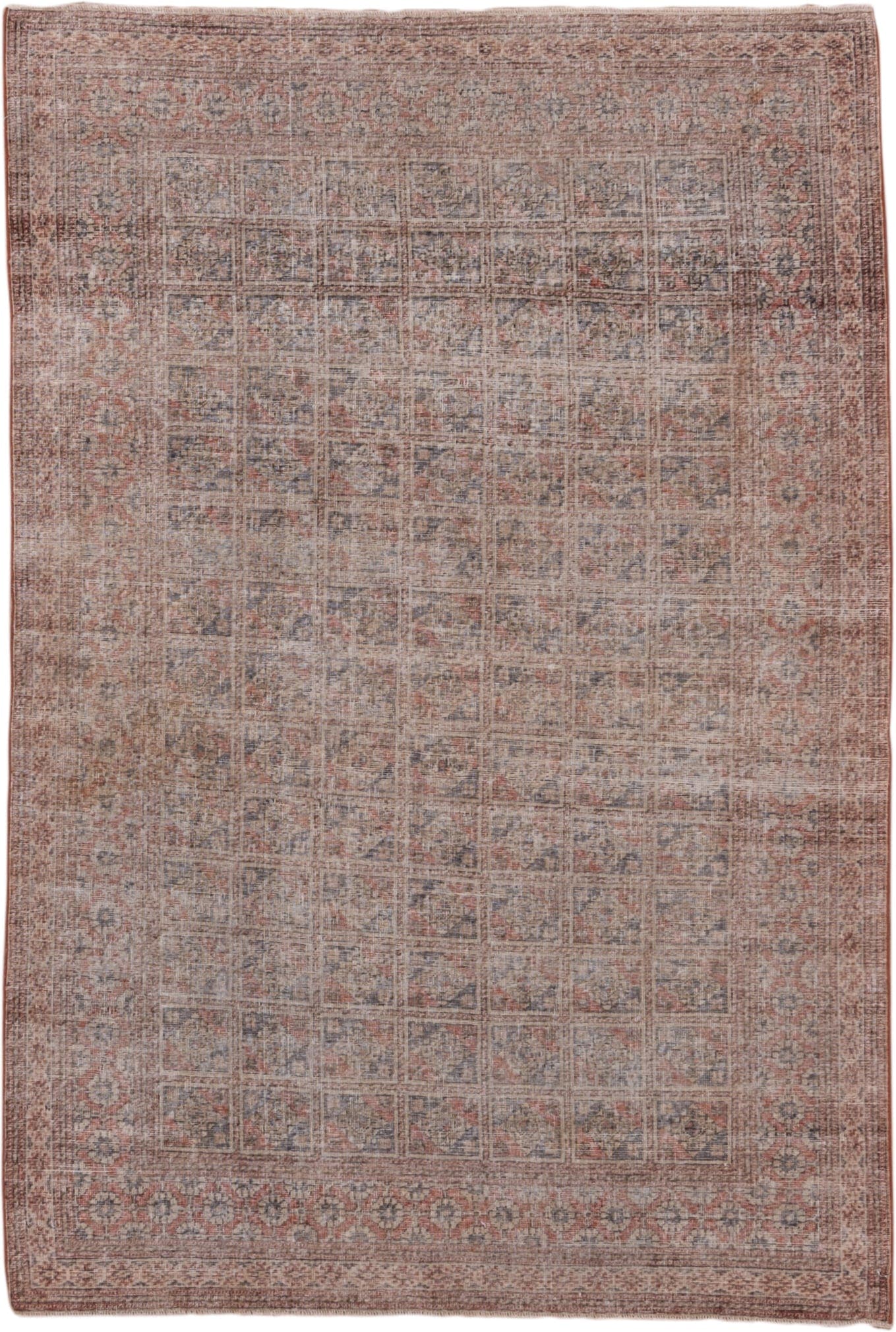 4' x 6' one-of-a-kind handmade antique Oushak small size rug. Color palette: rose, taupe, ivory, dusty blue, terra cotta