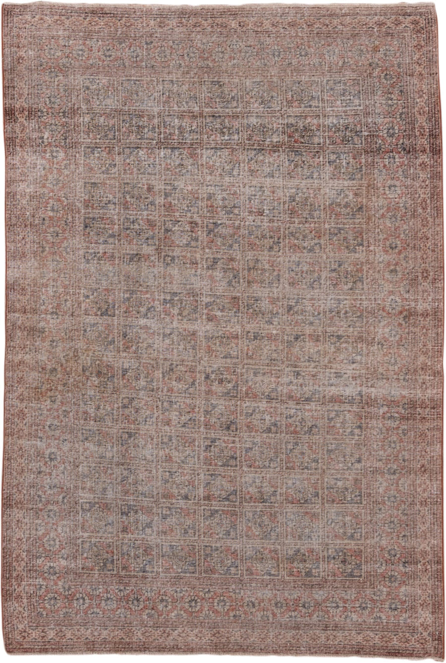 4' x 6' one-of-a-kind handmade antique Oushak small size rug. Color palette: rose, taupe, ivory, dusty blue, terra cotta