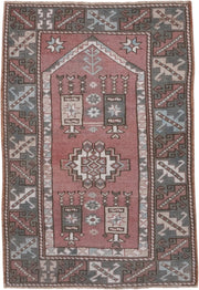 2' x 4' one-of-a-kind handmade vintage Oushak small size rug. Color palette: rose, taupe, slate, ivory, brown, dusty pink