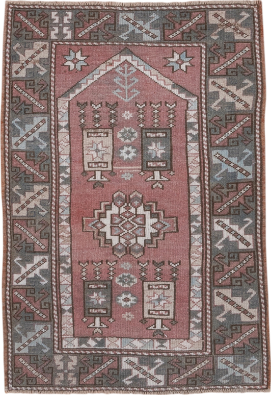 2' x 4' one-of-a-kind handmade vintage Oushak small size rug. Color palette: rose, taupe, slate, ivory, brown, dusty pink