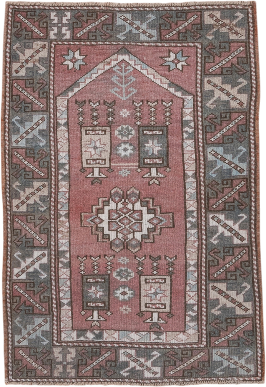 2' x 4' one-of-a-kind handmade vintage Oushak small size rug. Color palette: rose, taupe, slate, ivory, brown, dusty pink