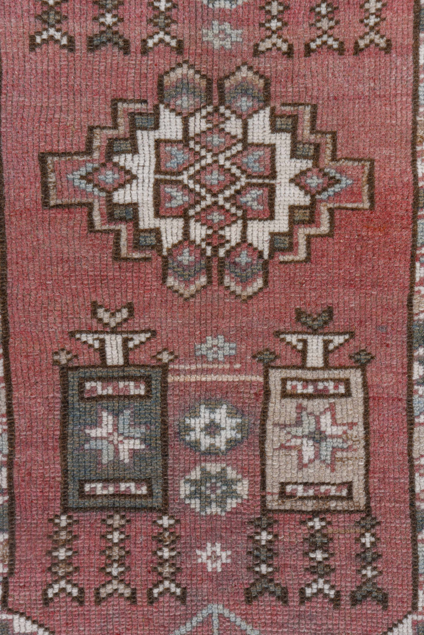 2' x 4' one-of-a-kind handmade vintage Oushak small size rug. Color palette: rose, taupe, slate, ivory, brown, dusty pink
