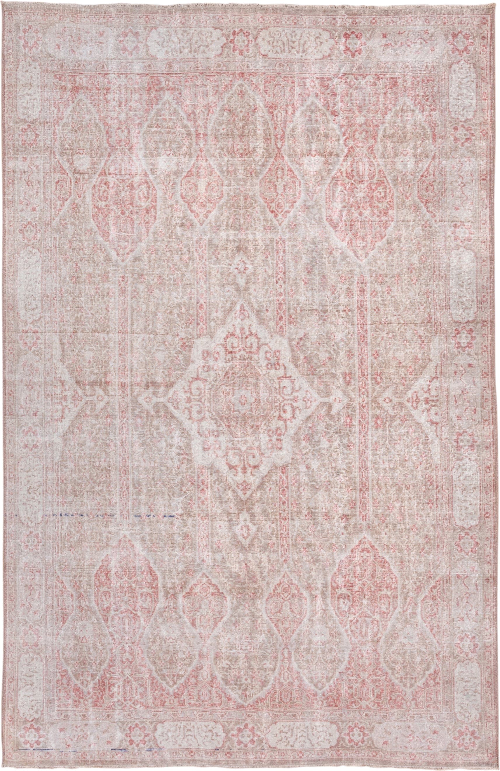 5' x 8' one-of-a-kind handmade vintage Oushak medium size rug. Color palette: ivory, blush, taupe, rose, beige, pink, gray
