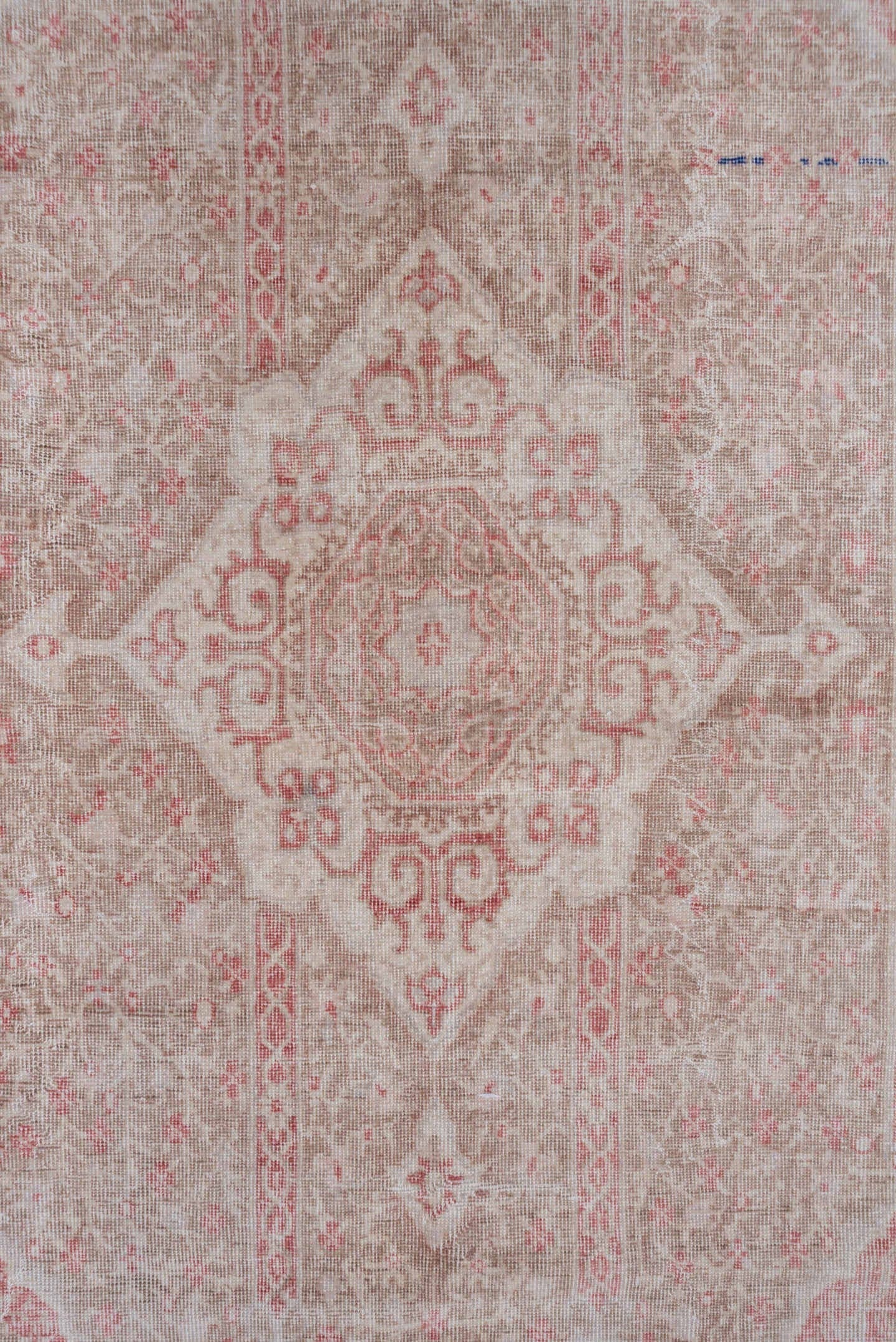 5' x 8' one-of-a-kind handmade vintage Oushak medium size rug. Color palette: ivory, blush, taupe, rose, beige, pink, gray