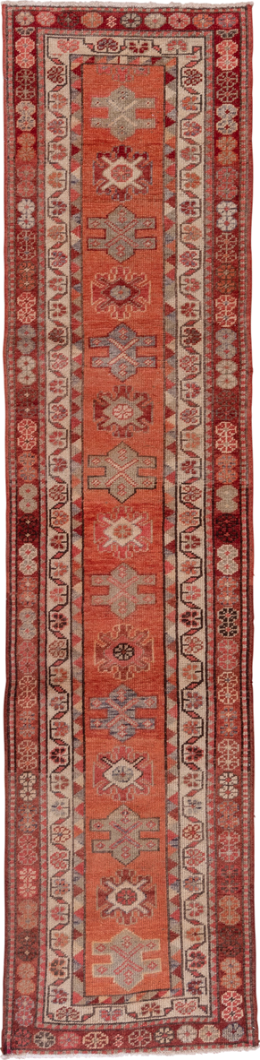 2' x 12' one-of-a-kind handmade vintage Oushak runner rug. Color palette: brown, pink, red, redwood