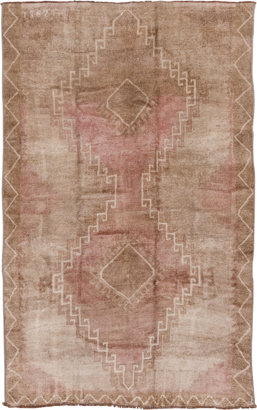 6' x 9' one-of-a-kind handmade antique Oushak medium size rug. Color palette: camel, blush, ivory, taupe, rose, beige, pink