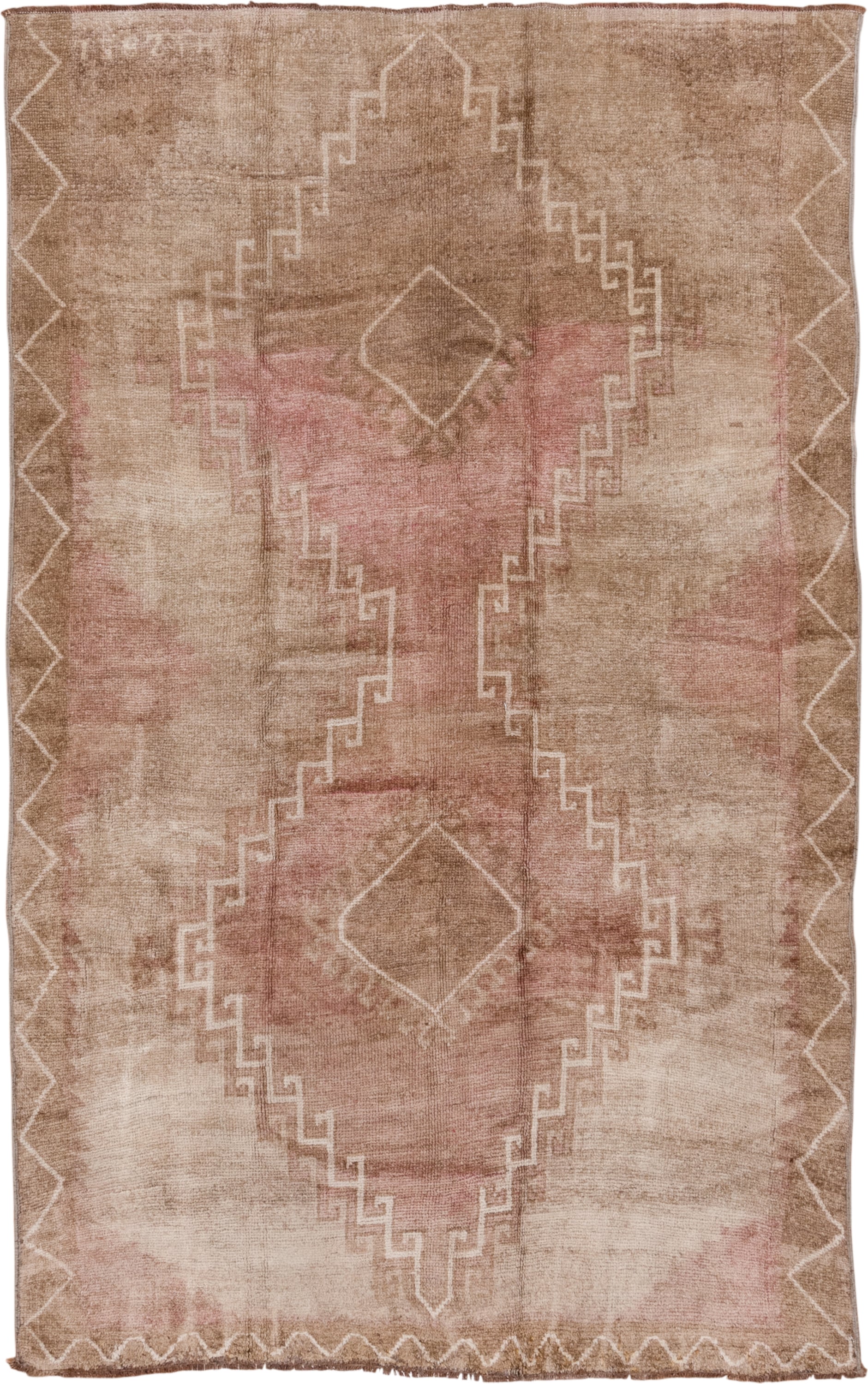6' x 9' one-of-a-kind handmade antique Oushak medium size rug. Color palette: camel, blush, ivory, taupe, rose, beige, pink