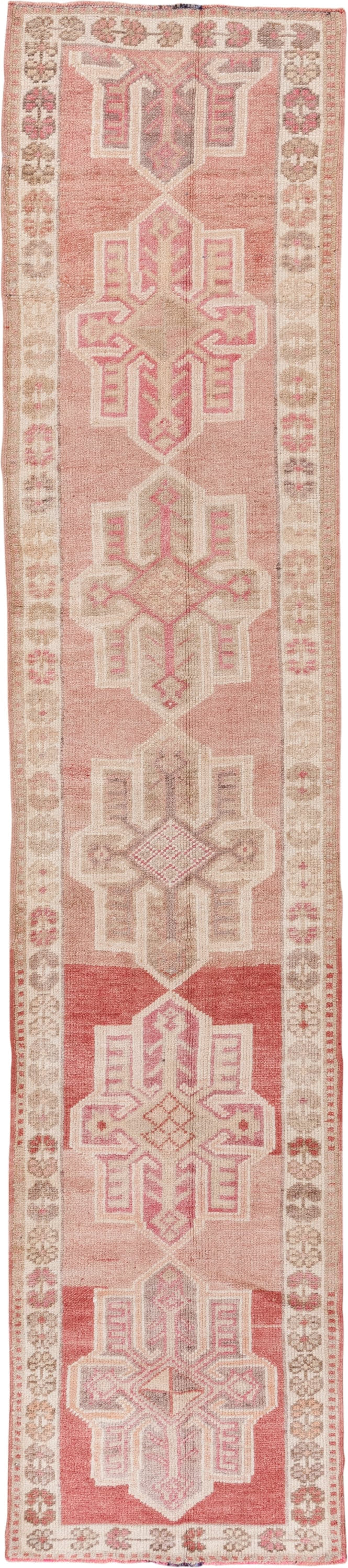 2' x 12' one-of-a-kind handmade vintage Oushak runner rug. Color palette: rose, ivory, blush, taupe, terra cotta, pink, red