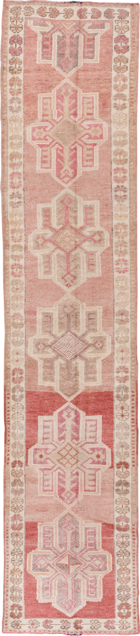 2' x 12' one-of-a-kind handmade vintage Oushak runner rug. Color palette: rose, ivory, blush, taupe, terra cotta, pink, red