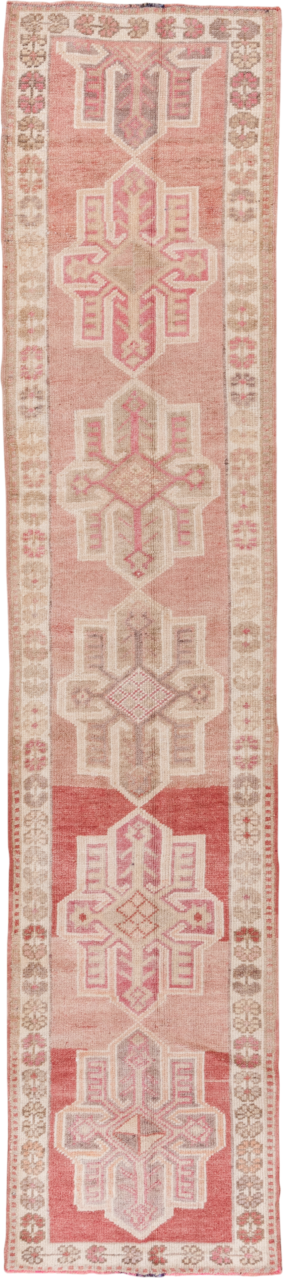 2' x 12' one-of-a-kind handmade vintage Oushak runner rug. Color palette: rose, ivory, blush, taupe, terra cotta, pink, red
