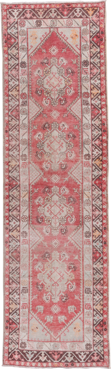 3' x 10' one-of-a-kind handmade antique Oushak runner rug. Color palette: rose, ivory, burgundy, brown, blush, taupe, camel