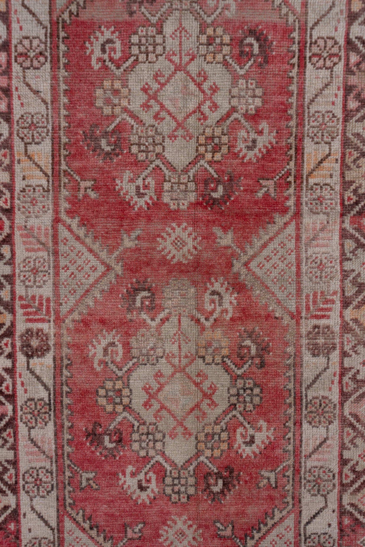 3' x 10' one-of-a-kind handmade antique Oushak runner rug. Color palette: rose, ivory, burgundy, brown, blush, taupe, camel